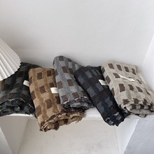 韩系棉麻双面格子围巾复古气质文艺披肩女日系慵懒秋冬氛围感围脖