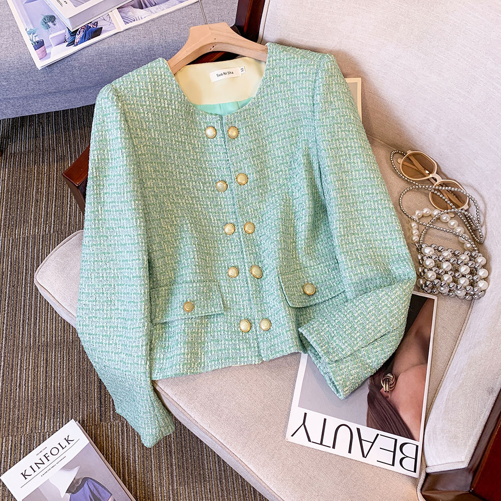 2025 New Autum Round Neck Elegant Small Fragrant Straight Tweed Short Top Aqua Green