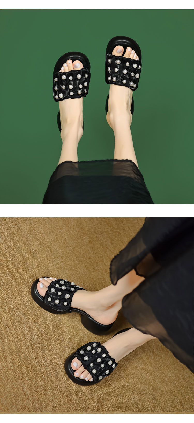 Dép sandal nữ quai chữ V đính ngọc trai, đế xuồng cao gót 9 cm — màu đen, màu trắng ngà chi tiết 3