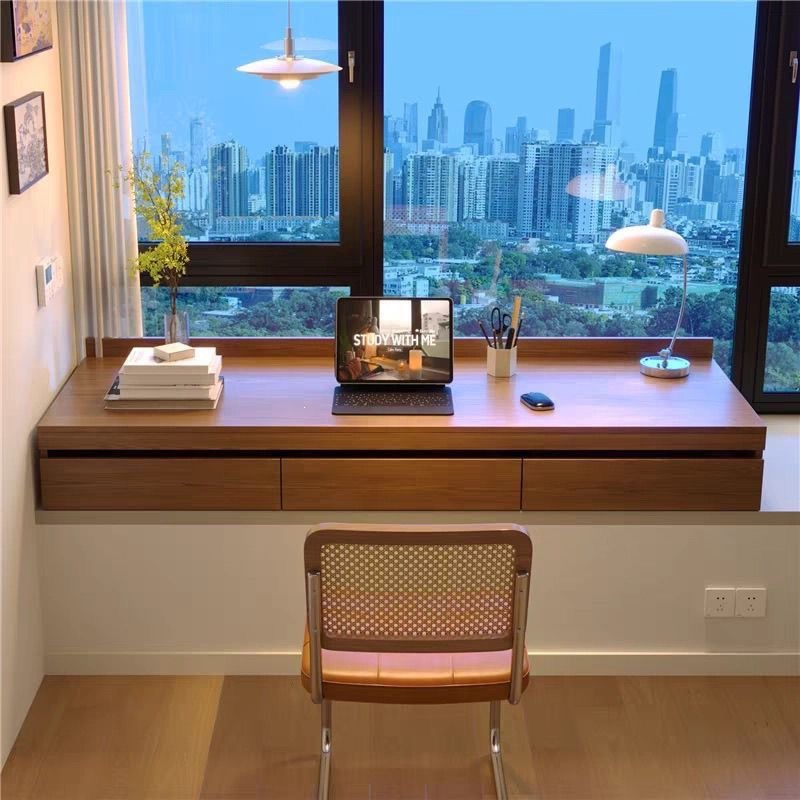 Full Solid Wood Desk with Sliding and Retractable Desktop for Bay Windows, Bedroom Windowsills, Study, and Computer Use, Customizable with Drawer Storage Cabinets