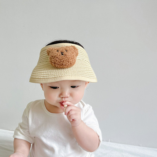 ins Korean children's hat summer sun protection male and female baby straw hat foldable empty top sunshade breathable bear hat