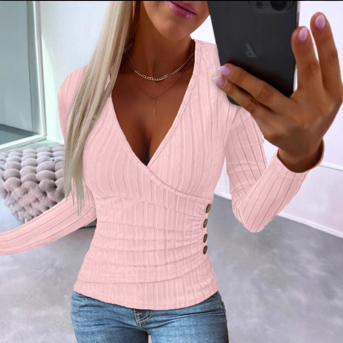 Suéter de punto para mujer, estilo informal, manga larga, cuello en V, para otoño e invierno, éxito de ventas en eBay, AliExpress y Wish 2023 image 3
