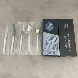 不锈钢刀叉勺塑料圆柄西餐餐具五件套ins风创意家用牛排刀叉勺子