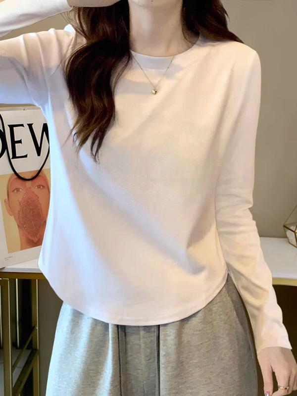 Long-Sleeved T-Shirt for Women, Spring Season, Pure Cotton, Slimming, Irregular Design, Short Style, Pure White, Petite Base Shirt Top