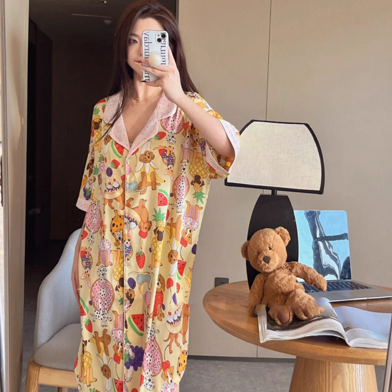 Pijama de seda de verano mujer dulce dulce dibujos animados textura de alta calidad pijama casero acento de cabello