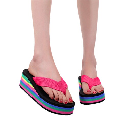 Summer rainbow thick-soled sandals and high heels Internet celebrity slippers women's flip-flops women's colorful outer wear women's shoes casual beach