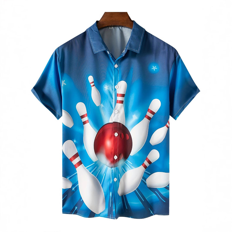 Wish Cross-Border Export 3D Men's Shirt Summer New Fashion Bowling Pattern Short-Sleeved Shirt Breathable Sun Protection