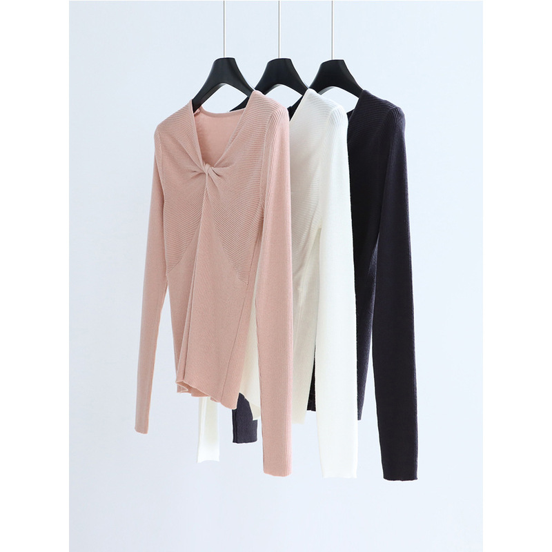 Overlapping V Neck Twisted Long-Sleeved Bottoming Knitwear Wool Blbottomed Inner Top Pullover Women's Gentle French New Style