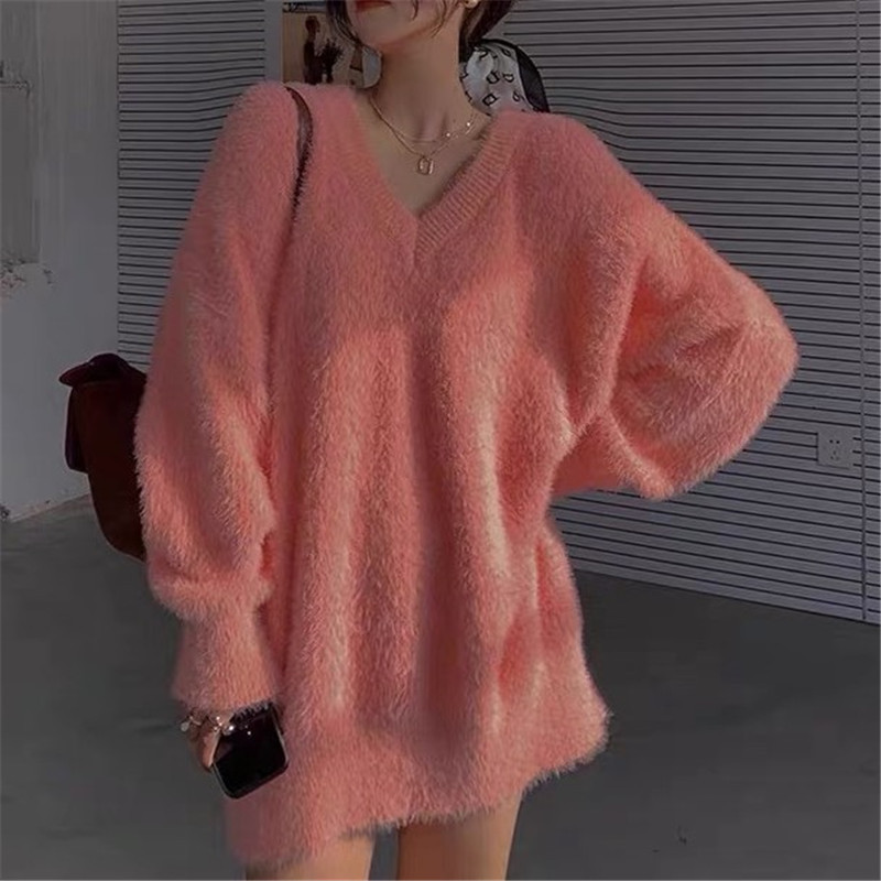 2025 Autumn and Winter V-Neck Knitted Pullover Imitation Mink Velvet Sweater for Women Korean Style Loose Mid-Length Bottoming Shirt for Outer Wear