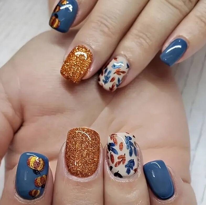 Cross-border Pumpkin Leaves Thanksgiving Day Europe and America Wear Armor ins Wind Nail Art Pieces Removable Fake Nail Pieces Wholesale