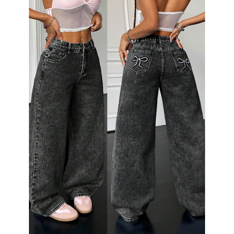 T 72966 Autumn and Winter New Export 90S Style Basic Loose Blue Jeans with Bow Decoration