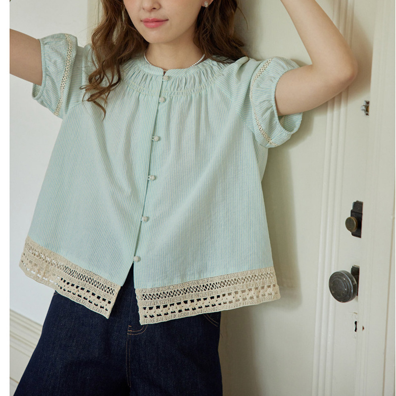 Nov Elist French Pleated Round Neck Blouse Lace Striped Shirt Women's Short-Sleeved Summer Thin Top Nov Elist French Pleated Round Neck Blouse Lace Striped Shirt Women's Short-Sleeved Summer Thin Top