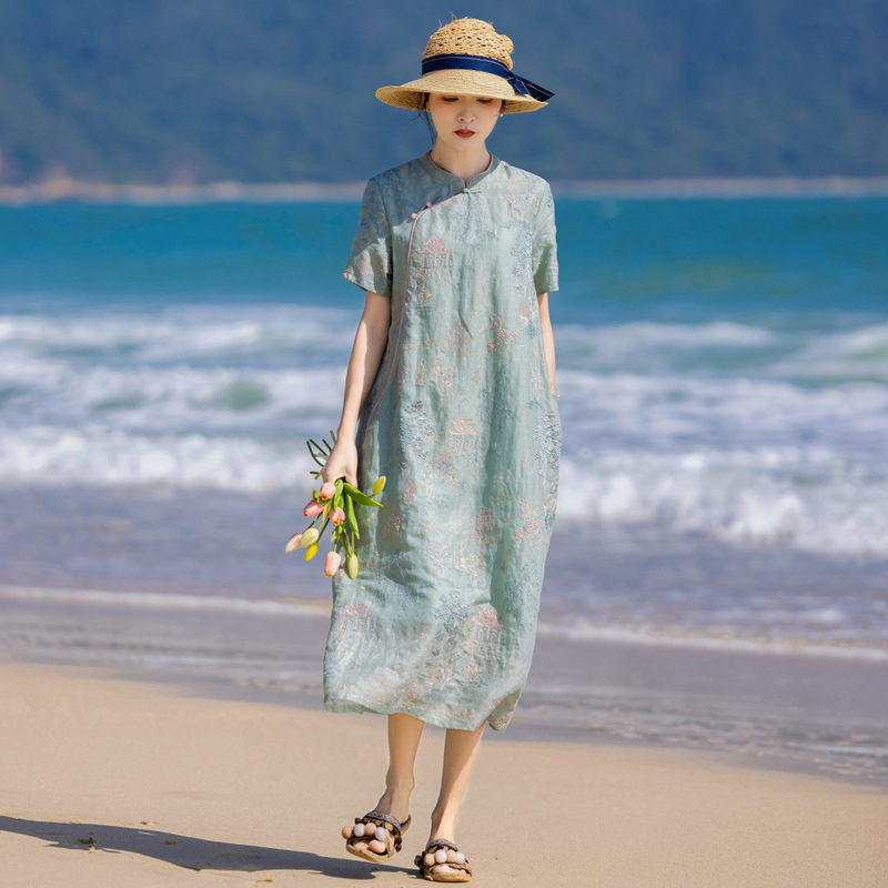 2024 spring and summer new Chinese style Pavilion embroidery Ramie improved cheongsam short sleeve stand collar buckle artistic dress