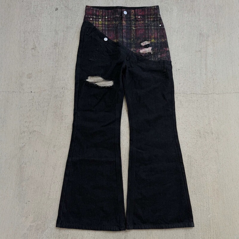 Amazon American Retro Double-Layered Waist Ripped Flared Pants with Unique Plaid Patchwork, Slimming Floor-Length Denim Jeans Amazon American Retro Double-Layered Waist Ripped Flared Pants with Unique Plaid Patchwork, Slimming Floor-Length Denim Jeans