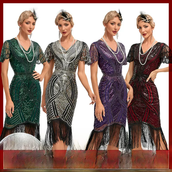 1920s retro dance party embroidered tassel dress cocktail party plus size sequined beaded mesh jumpsuit
