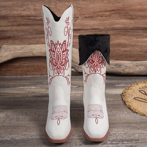 Fashionable over-the-knee boots with embroidery for women, suitable for autumn and winter, square heel, round toe