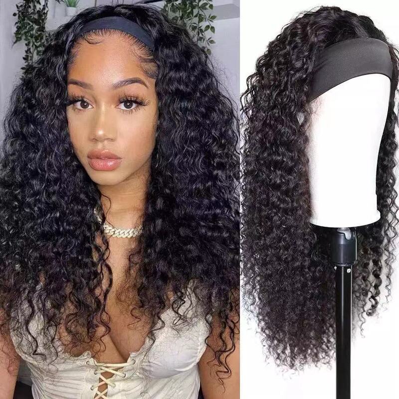 European and American Cross-Border Wholesale Fashion Natural Synthetic Fiber High-Temperature Silk Hairband Headscarf Wig for Women African Black Women's Small Curly Long Hair European and American Cross-Border Wholesale Fashion Natural Synthetic Fiber High-Temperature Silk Hairband Headscarf Wig for Women African Black Women's Small Curly Long Hair