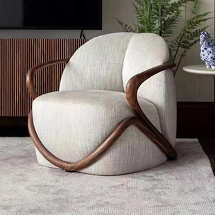 Italian-Style Casual Lazy Fabric Chair for Living Room Reception, Walnut Solid Wood Hug Designer Single Armrest Sofa Chair