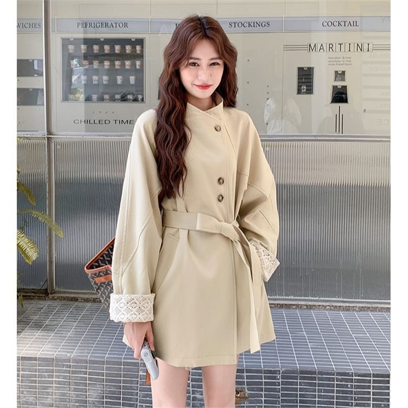 Lace Splicing Cuffs Light Khaki Windbreaker Jacket for Women Autum 2025 New Style Small Waist Slimming Look and Very Good-Looking