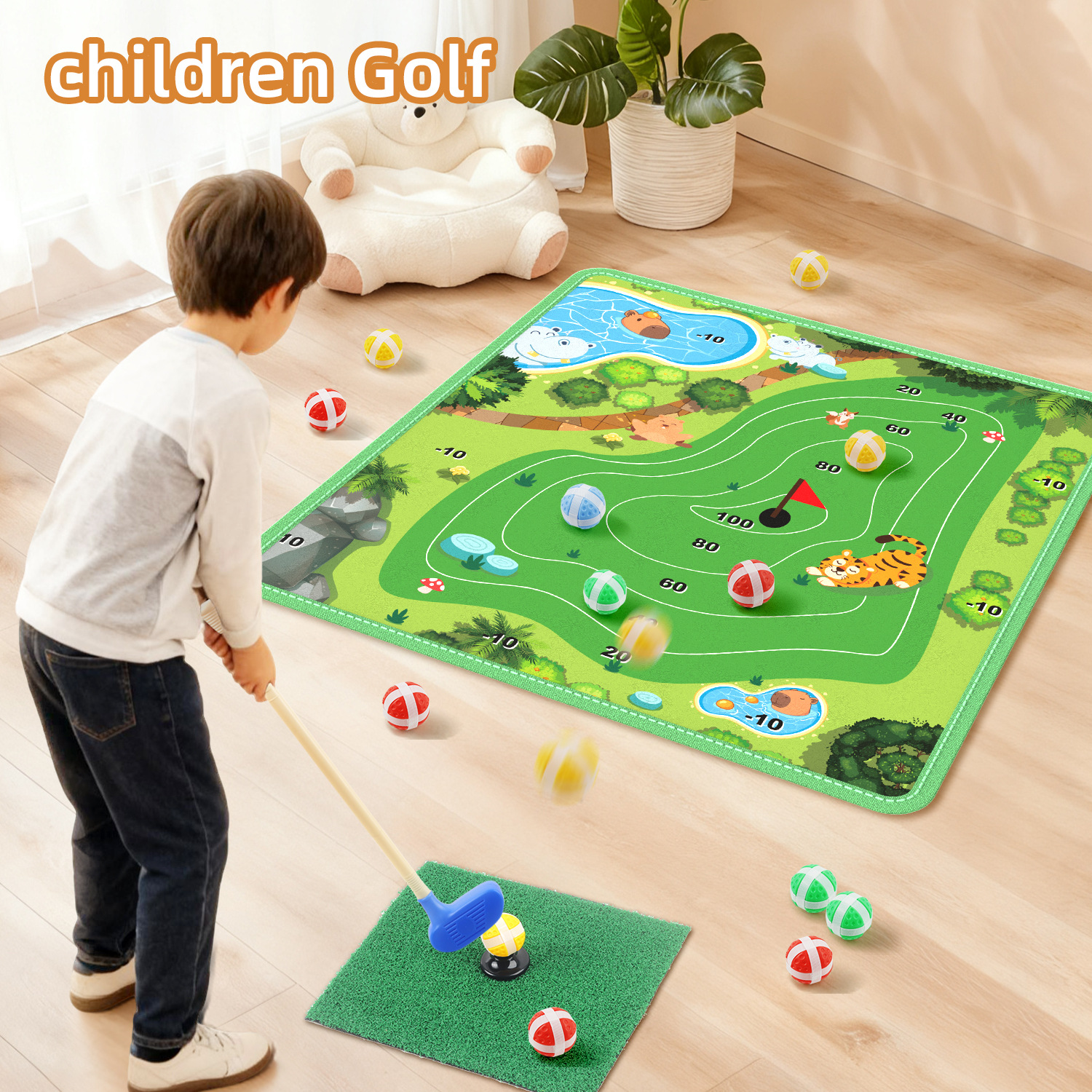 跨境新款亚马逊迷你高尔夫魔术贴粘粘球打击垫子游戏毯草地玩具