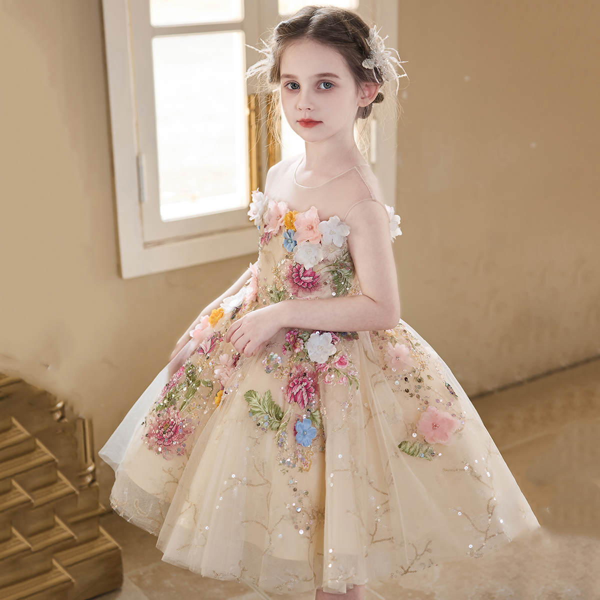 Vestido de niña lujoso nicho floral vestido de boda niña princesa vestido de cumpleaños vestido de anfitrión infantil