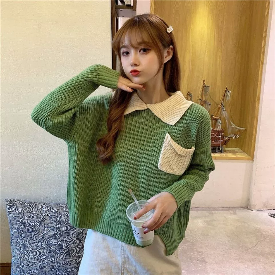 Трансграничный 2025 новый сладкий стиль контрастный трикотаж женский дизайн свободный свитер минус топ для внешней торговли