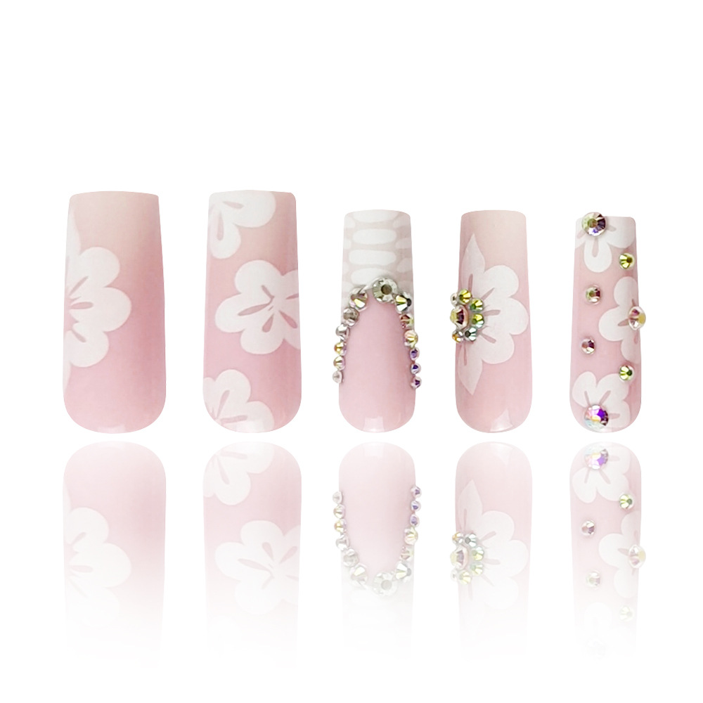 Dulce fresco ins estilo europeo y americano super largo tubo de agua desgaste de uñas blanco flor diamante francés falso uñas parche uñas