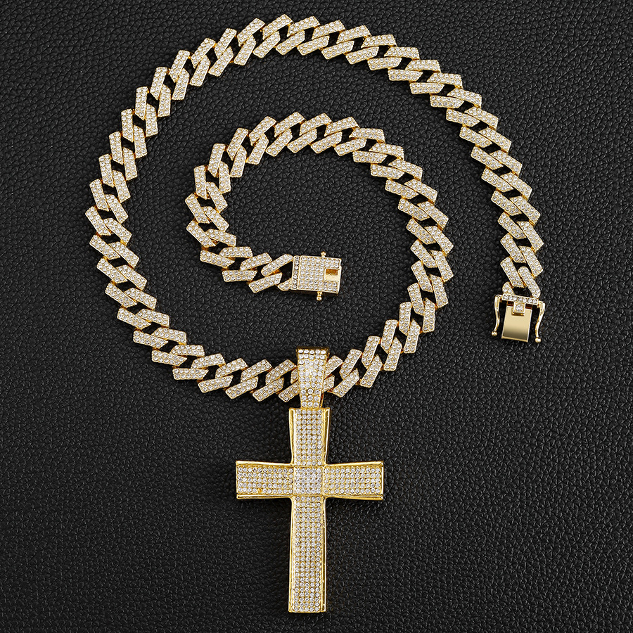 Neit Produkt mat Diamant-Ageleetkette, Nischdesign, grouss Kräiz-Auerschnalle Kubanesch Kette-Bijouen_voghion.com