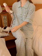 韩版可爱格子郁金香睡衣套装女夏季短袖长裤两件套家居服可外穿薄