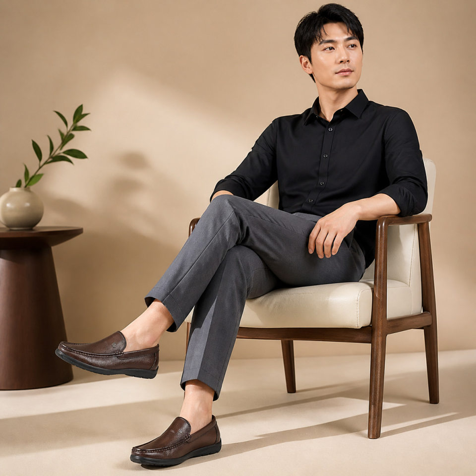 Giày lười nam da thật mũi tròn, giày da nam kiểu lười xỏ chân đế mềm, gót thấp 1–3 cm — Thương mại Brown, Thời trang đen chi tiết 16