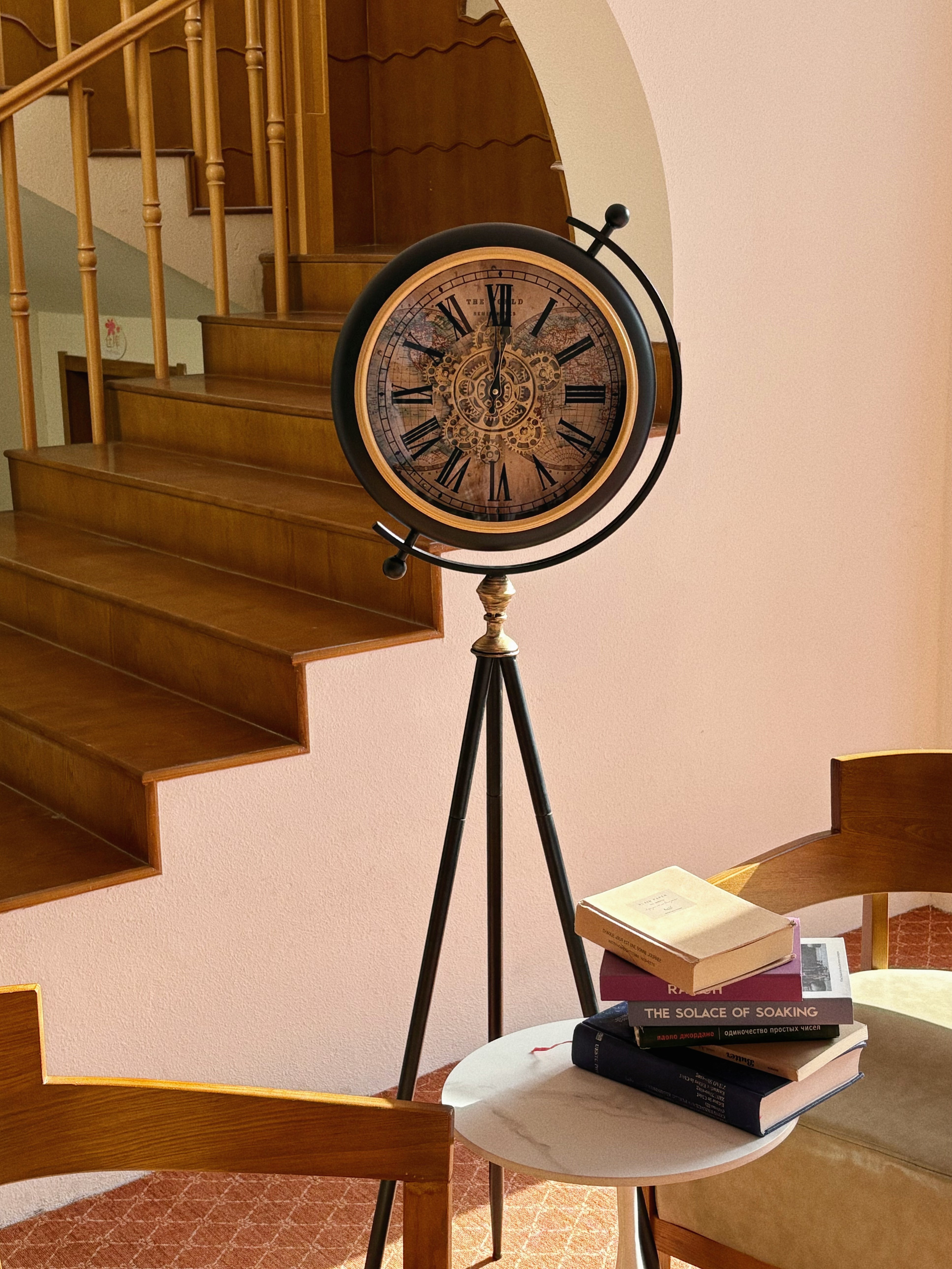 美式客厅别墅办公室复古创意落地钟三脚摆件欧式立钟机械齿轮台钟