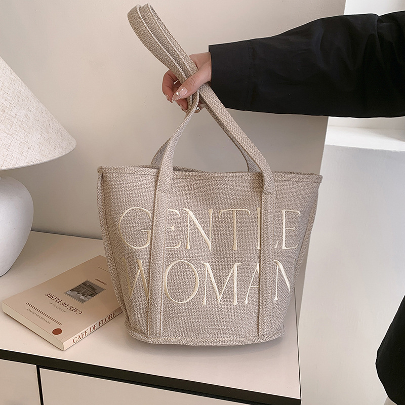 Large-Capacity Bag for Women Gentlewoman2026 New Versatile Embroidered Cotton and Linen Bag Fashionable Letter Tote Bag