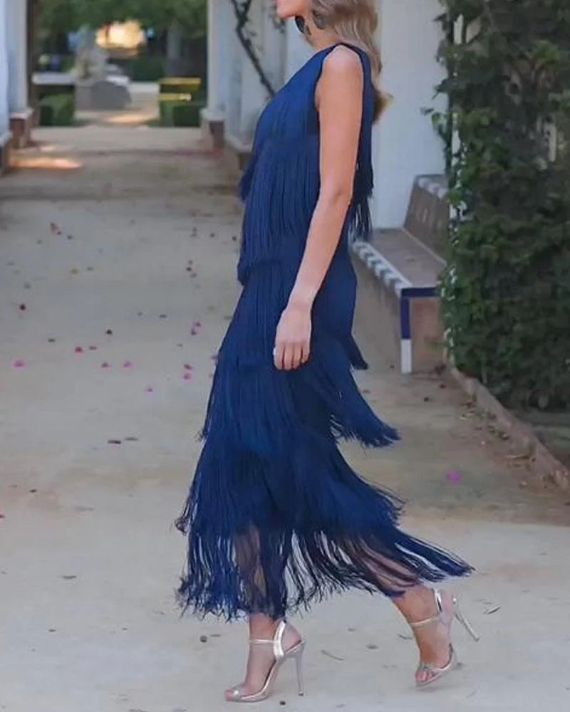 2024 Spring Summer New European And American Foreign Trade Fashion Tassel Asymmetric Off-Shoulder Dress Evening Gown_ecoleips.com