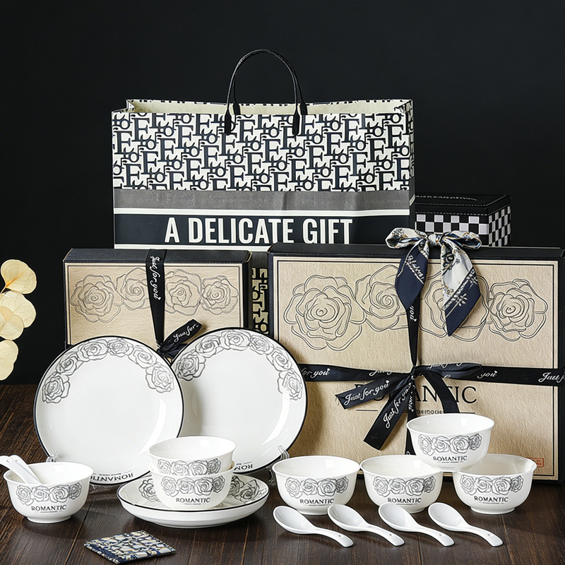 Hepburn-Style Rose Ceramic Tableware Set with Bowls, Plates, Chopsticks, Gift Set for Opening, Simple and Luxurious Gift for Home Use, Wholesale