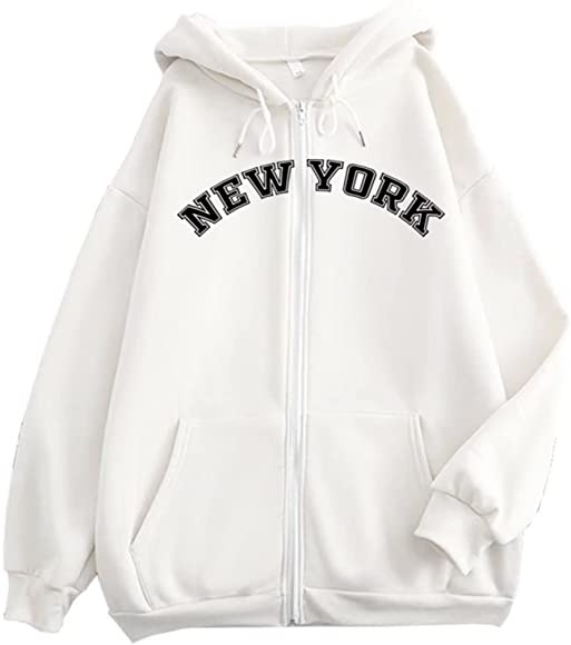 Felpa bianca con cerniera e stampa a lettere primaverile_voghion.com