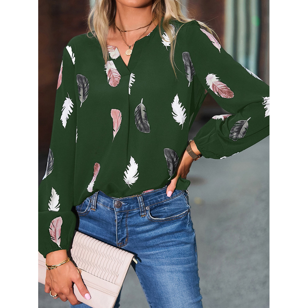 Elegant Feather V Neck Long Sleeve Regular Sleeve Printing Blouse