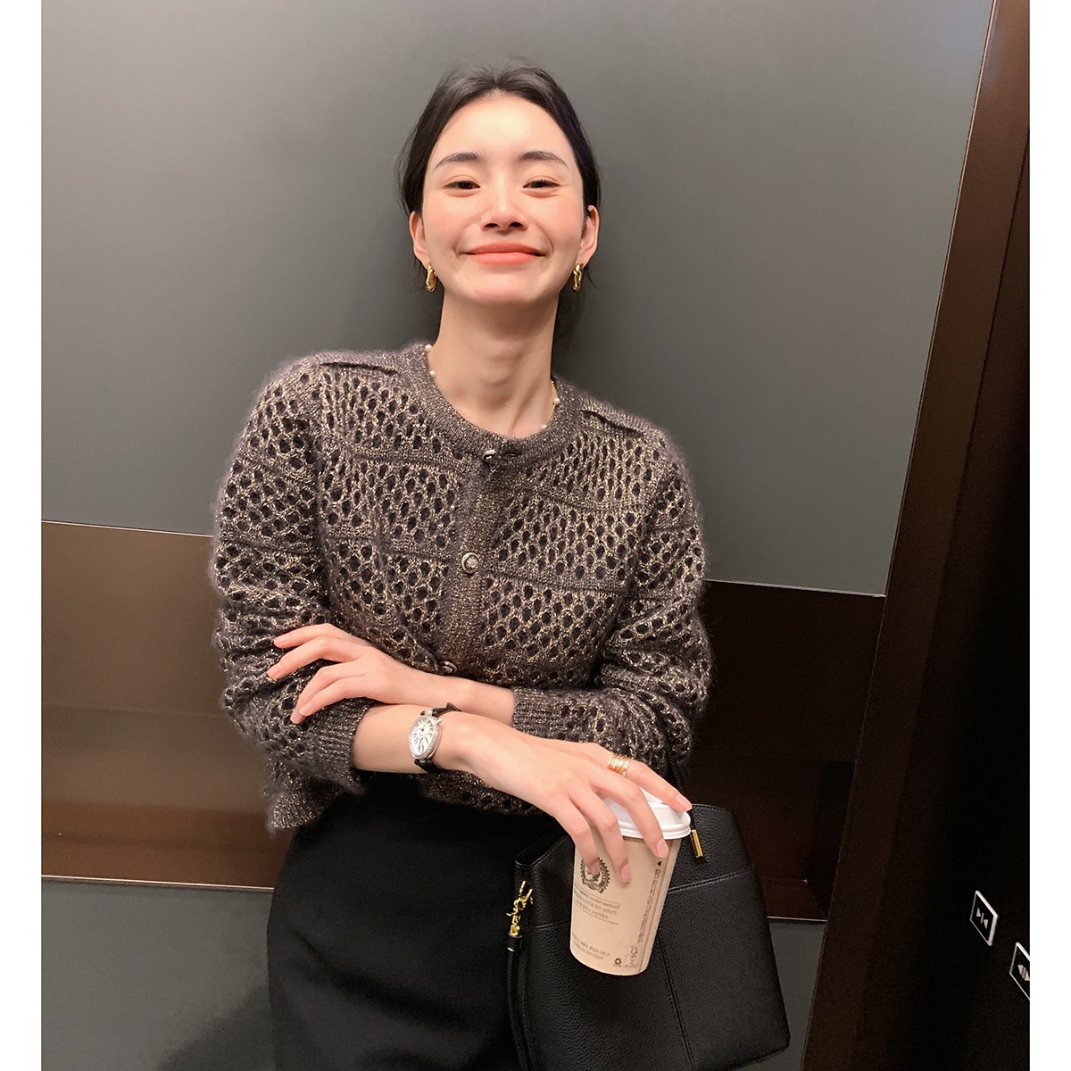 제한된 럭셔리 탑 라인 이탈리아 원사 할로우 더블 크래프트 니트 스웨터 여성용 카디건