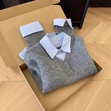 韩系撞色毛衣女拼接衬衫领假两件内搭秋冬设计感打底针织衫上衣