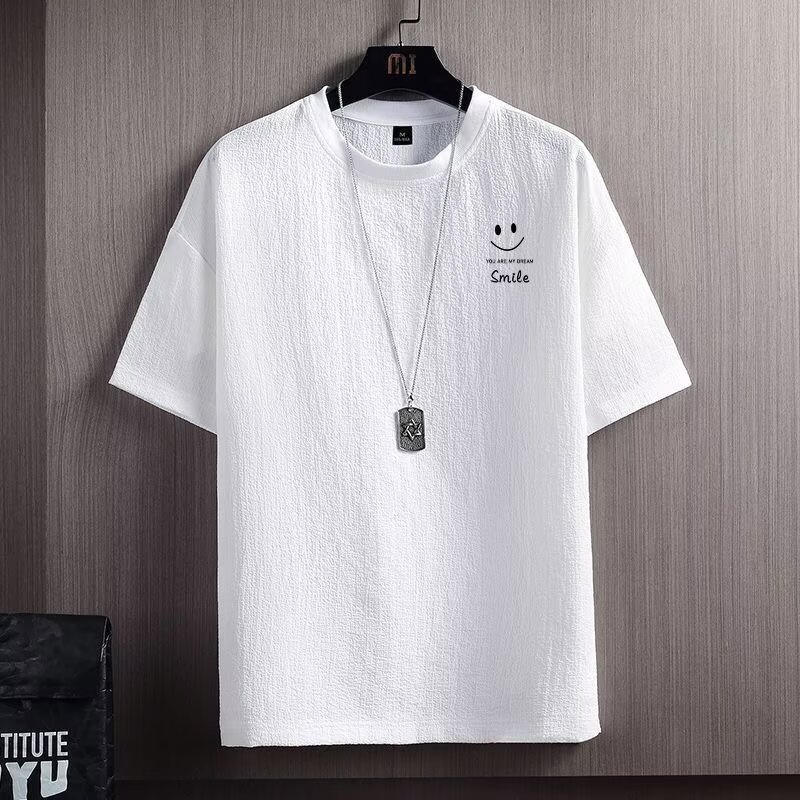 新しいプリントアイスシルク半袖Tシャツメンズ夏ラウンドネックトレンディな薄い半袖Tシャツボトリングシャツトップ服|undefined