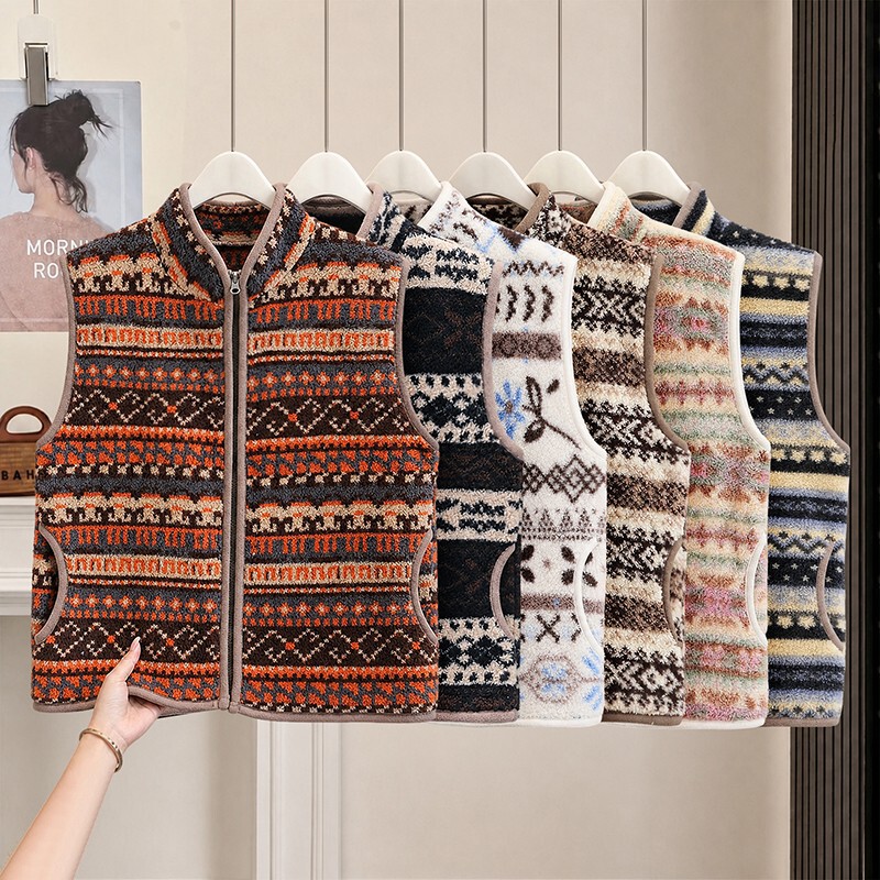 Outdoor mountain-style retro Fair Isle lamb wool western leaf-pattern double-sided fleece warm vest jacket Outdoor mountain-style retro Fair Isle lamb wool western leaf-pattern double-sided fleece warm vest jacket