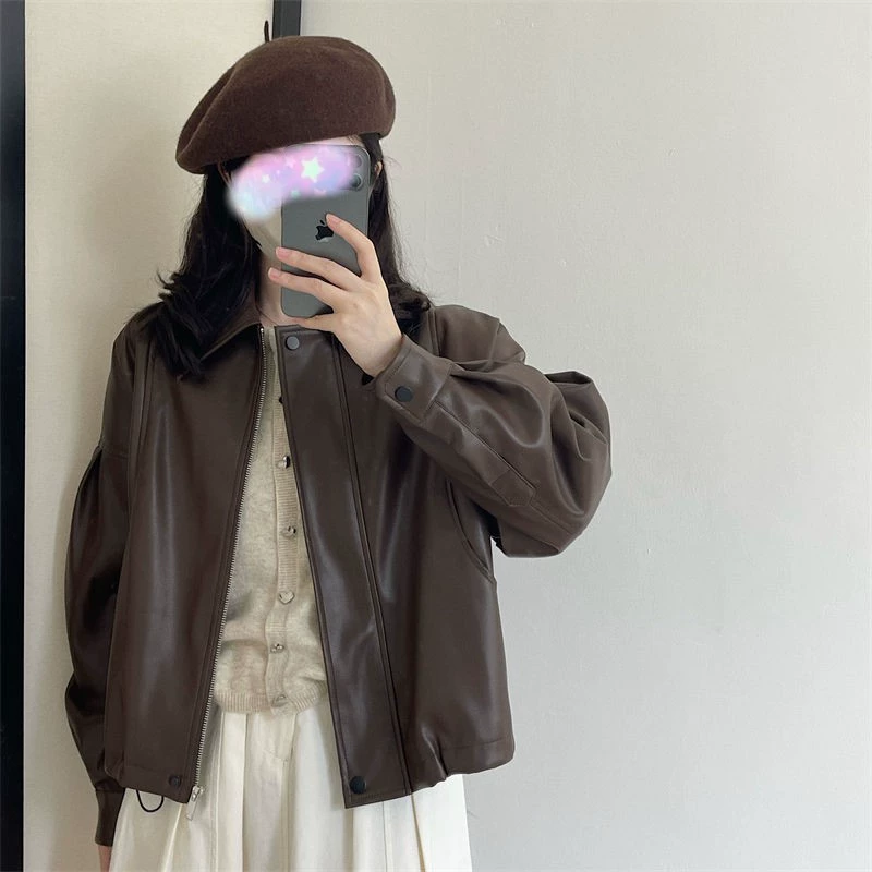 Spring Japanese retro polyurethane jacket, long-sleeve