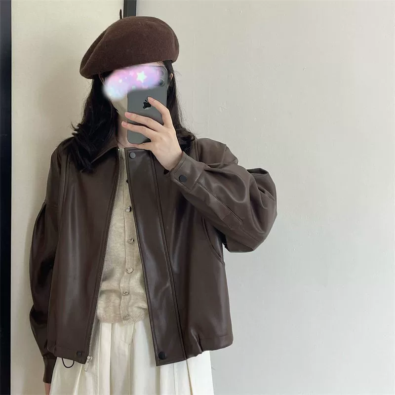 Spring Japanese retro polyurethane jacket, long-sleeve