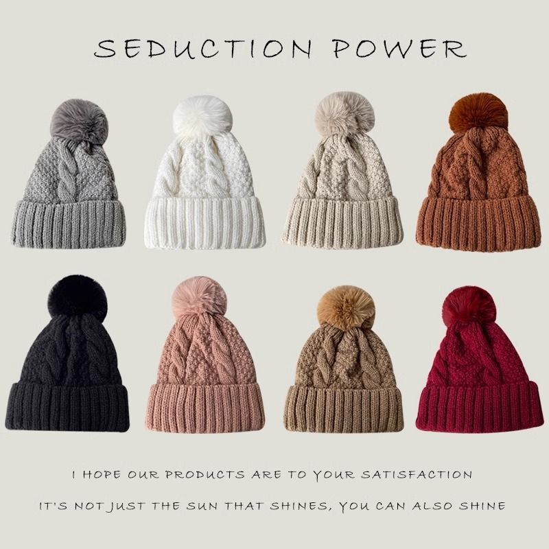 Winter warm knitted hat for women with pom-pom, cable knit wool hat, solid color, thickened, warm adult hat, cross-border model