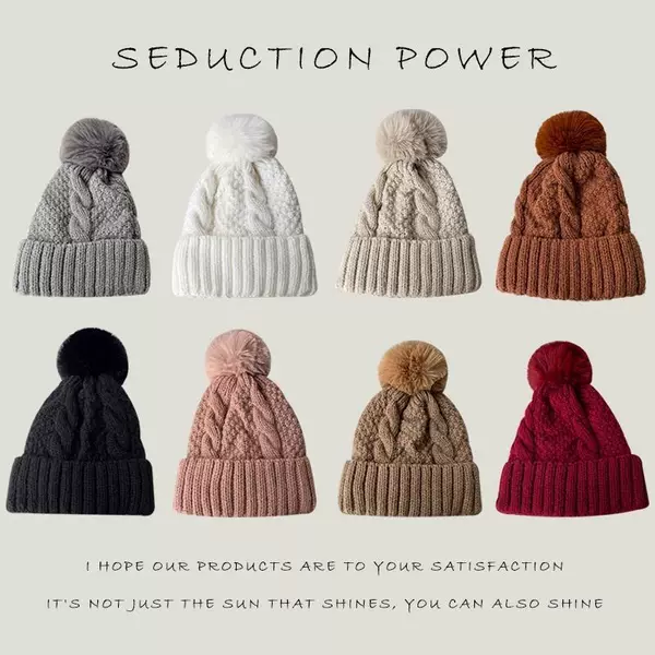 Winter warm knitted hat for women with pom-pom, cable knit wool hat, solid color, thickened, warm adult hat, cross-border model