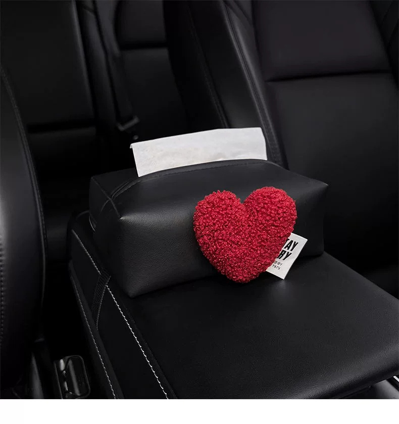 Plush heart-shaped car tissue box, car interior armrest tissue holder, car center console tissue bag, with a luxurious feel