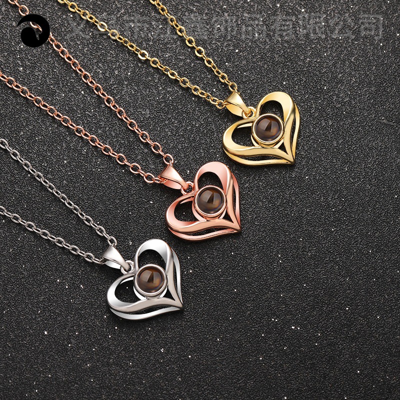 欧美时尚简约爱心投影几何图形项链100种语言照片投影款项链