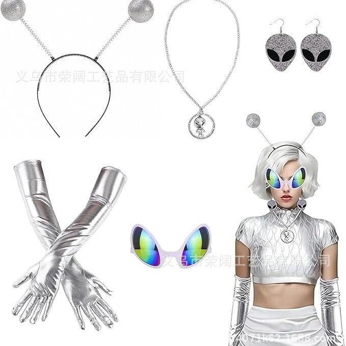 Halloween Cosplay Alien Costume Colorful Space Glasses Green and Pink Ball Headband Gloves Alien Outfit Halloween Cosplay Alien Costume Colorful Space Glasses Green and Pink Ball Headband Gloves Alien Outfit