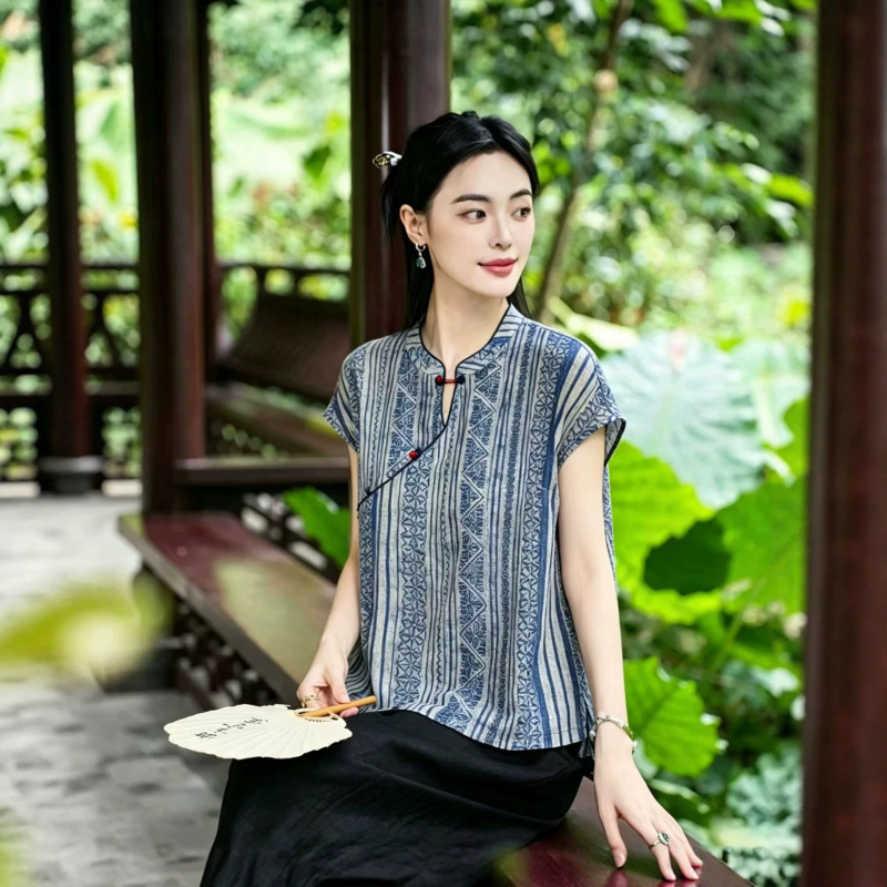 Real Shot of 2026 Summer New Plus-Size Women's Ramie Shirt with Diagonal Placket and Button Closure, Tea-Style Women's Clothing