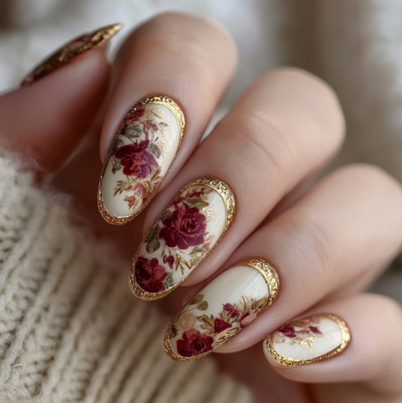 Wm-323 Gilt Rose Fake Nails Almond Cross-Border Classical Flower Oil Painting Elegant 24 Pieces Wearable Nails Wholesale