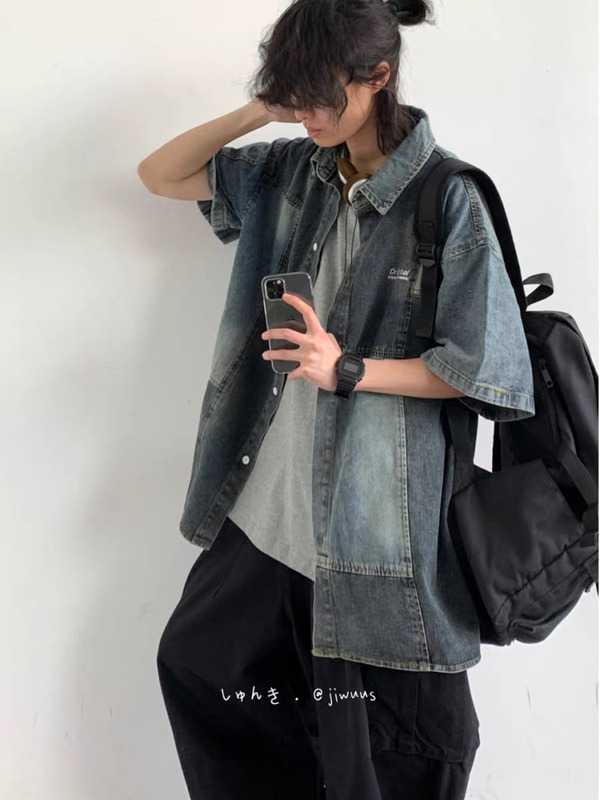 Summer New Japanese Retro Color-Block Denim Short-Sleeve Shirt Unisex Trendy Brand Work Shirt Casual Loose Jacket